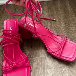 Vibrant Pink Strappy Heels with Square-Toe Design